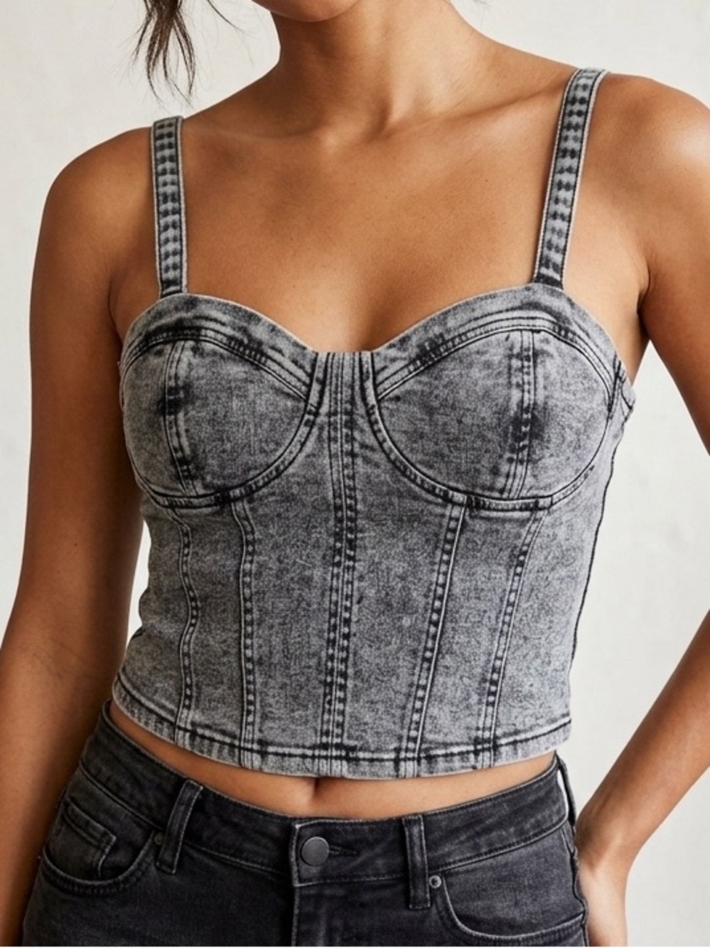 Gray Washed Denim Bustier Crop Top Smocked